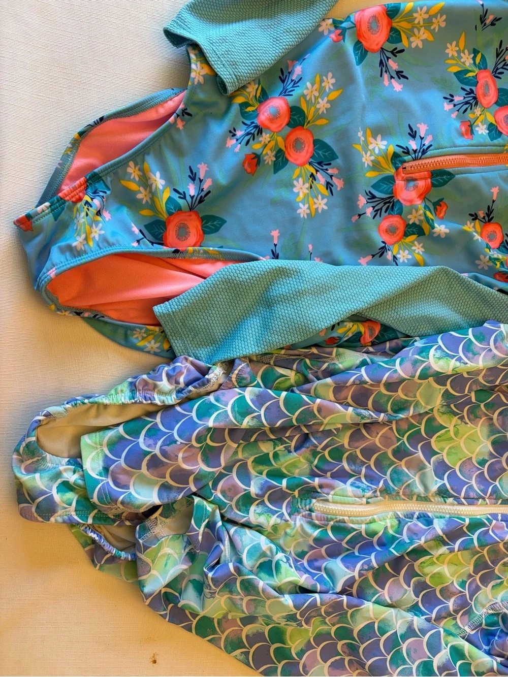 Girls 10/12 Long Sleeve Swim Suit - Teal Floral & Mermaid Print bundle